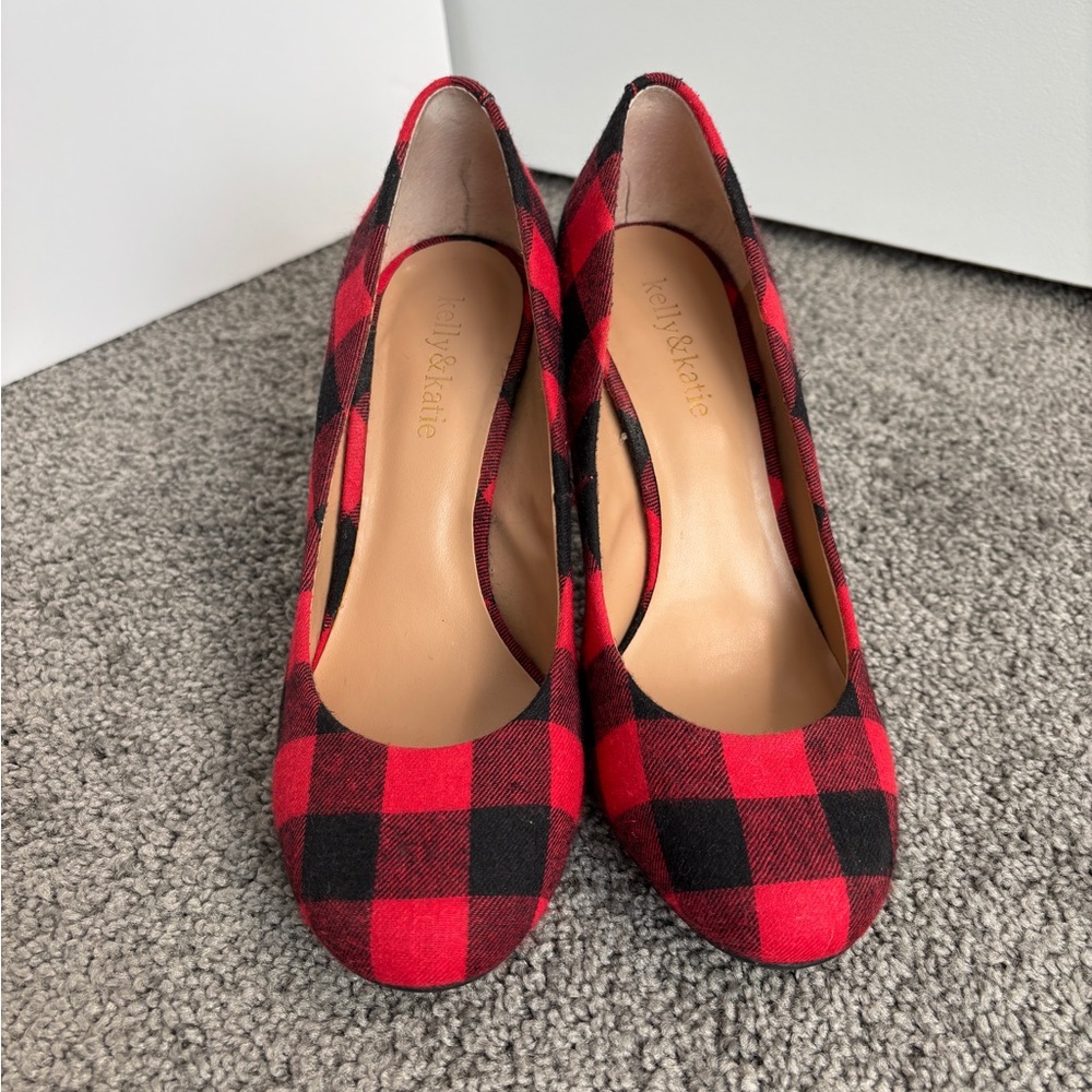 Kelly & Katie Red and Black Checkered Plaid Flannel Heels